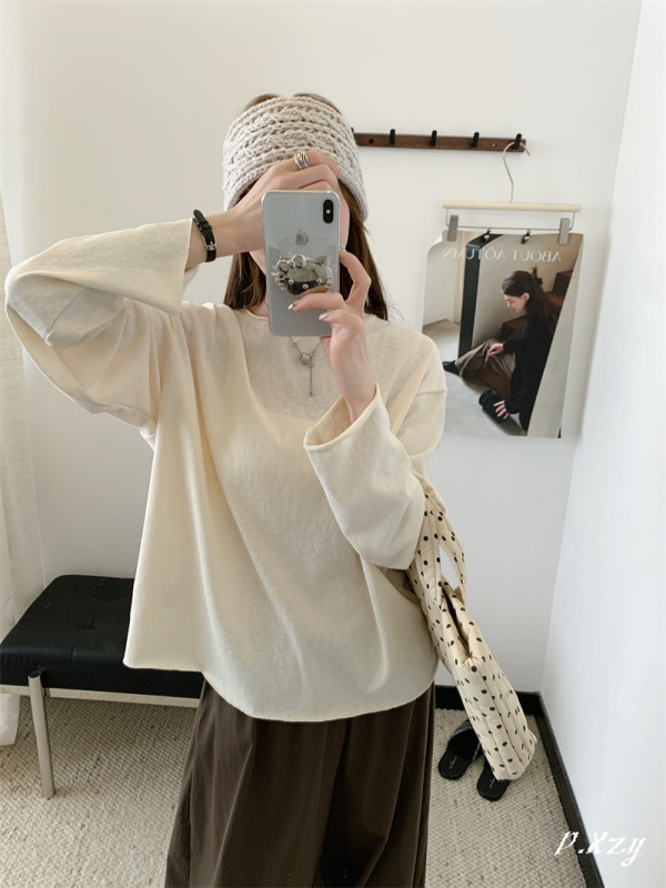 020 秋季新款慵懒风松弛感纯色上衣毛圈棉长袖打底衫女士纯色T恤|undefined