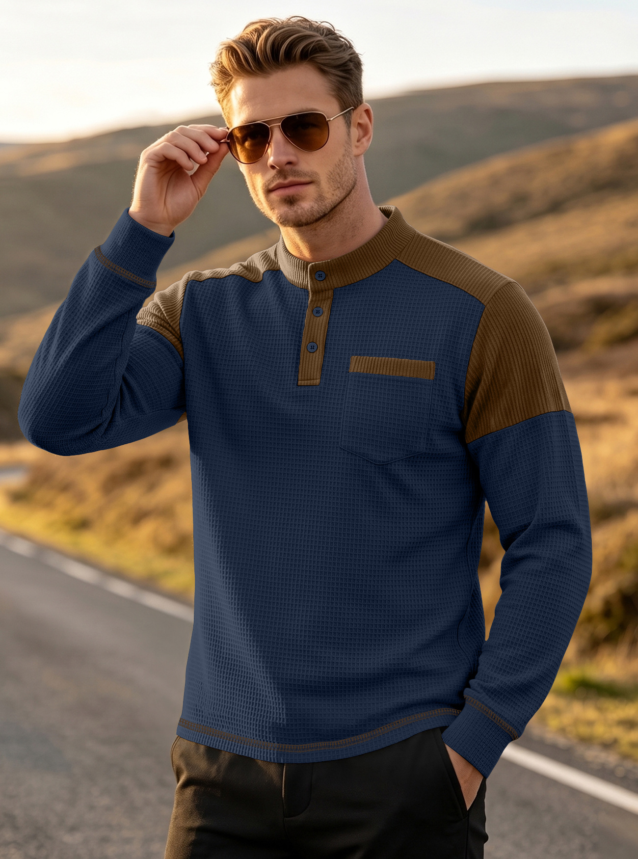 Hombre transfronterizo waffler camisa de manga de hombro de color pincelada Europa y Estados Unidos tk bolsa de cuello grande suéter deportivo de manga larga