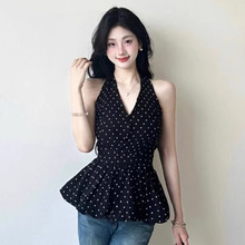 法式气质波点小众设计感裙摆无袖挂脖背心女夏季收腰显瘦衬衫上衣