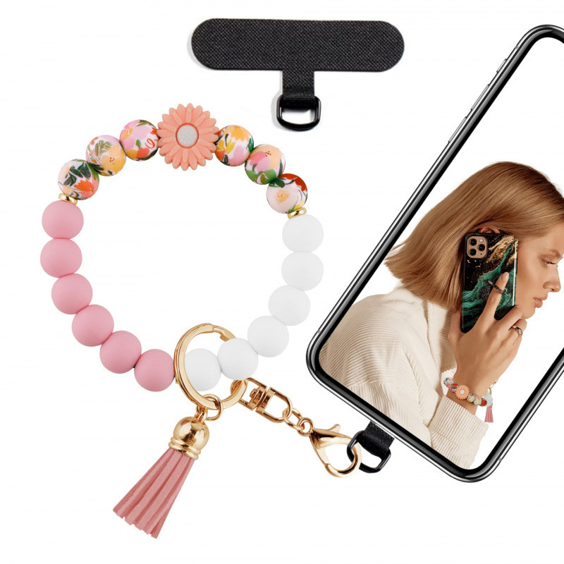 Women's Small Daisy Phone Chain with 15mm Silicone Beads and Daisy Pendant, Pink Daisy Phone Chain