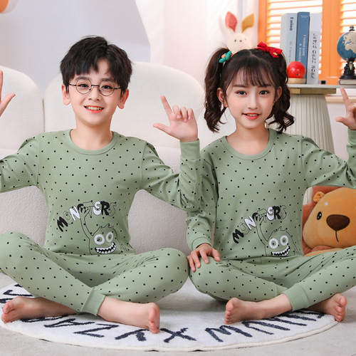 Children's thermal underwear set, autumn and winter boys' pure cotton bottoming shirts, girls' cartoon cotton round neck autumn clothes and long trousers