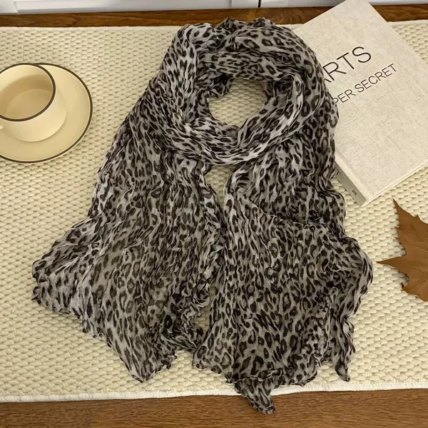 2026 New Leopard Print Pleated Scarf for Women, Autumn Versatile Thin Crinkled Silk Scarf, Vintage Decorative Shawl