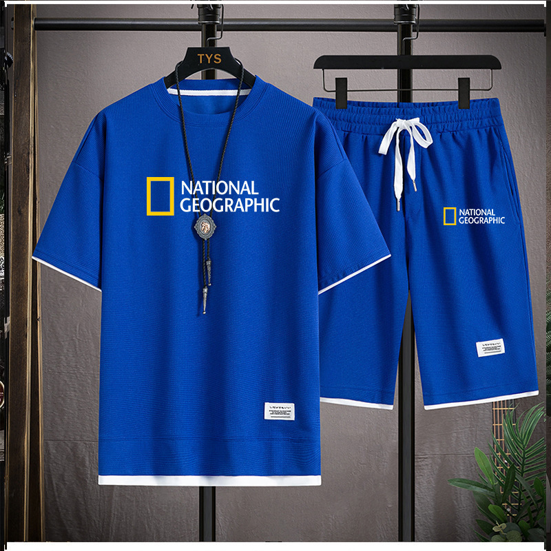 Dwuczęściowy zestaw męski T-shirt sportowy Waffle Short z krótkim rękawem i luźnym, krótkim rękawem, na lato_voghion.com