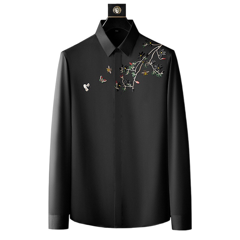 Camisa de manga larga para hombre 2025, nueva camisa de moda con bordado de árbol del dinero, corte ajustado, camisa de hombre sin planchado