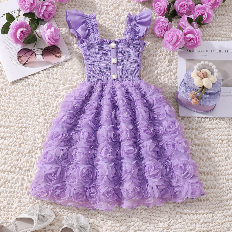 Girls' (Little) Dress, Summer Solid Color Flutter Sleeve Three-Dimensional Rose Wrap Dress Girls' (Little) Dress, Summer Solid Color Flutter Sleeve Three-Dimensional Rose Wrap Dress