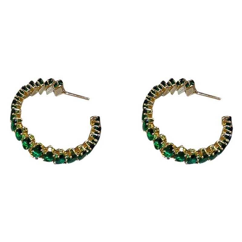 Pendientes de anillo de oreja en forma de C de circón verde con aguja de plata Pendientes exagerados de moda europea y americana para mujer Pendientes de sentido de alta calidad con incrustaciones de diamantes al por mayor