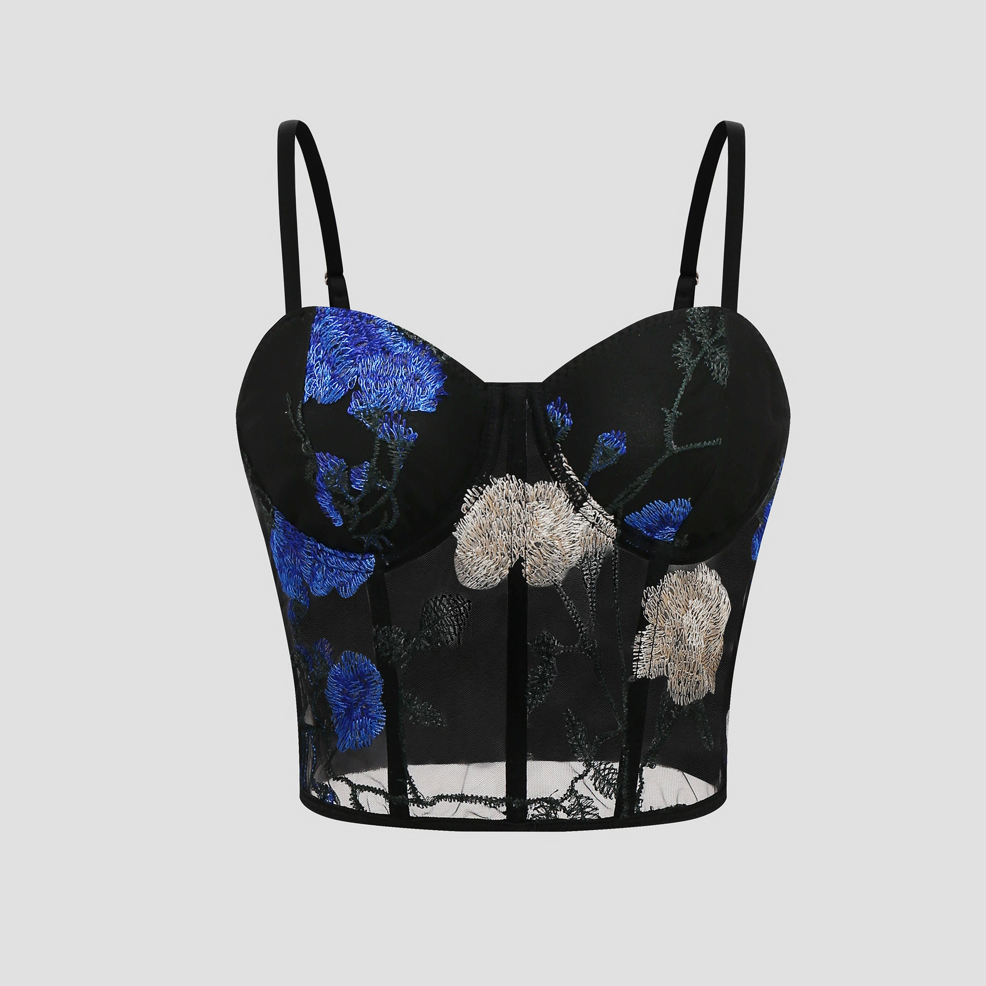 Трансграничные европейские и американские новые сетчатые пряжи цветы вышитые подтяжки ночной клуб уличные горячие девушки стальные кольца рыбные кости жилет 60369