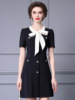 Neckline bow tie high waisted short sleeved A-line skirt