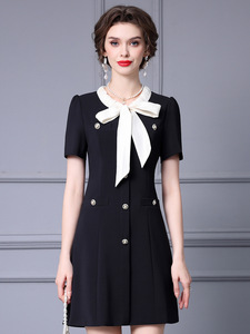 Neckline bow tie high waisted short sleeved A-line skirt