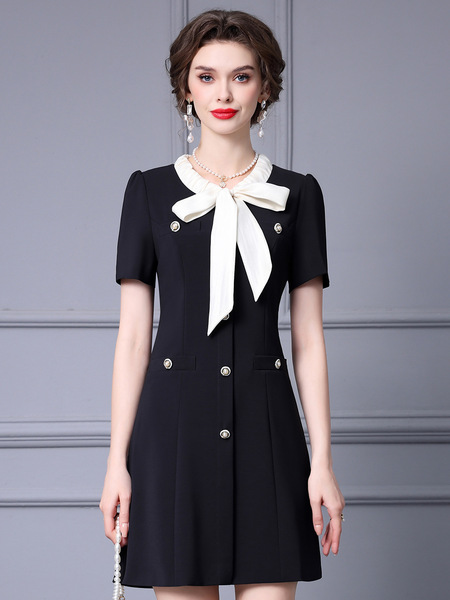 Neckline bow tie high waisted short sleeved A-line skirt