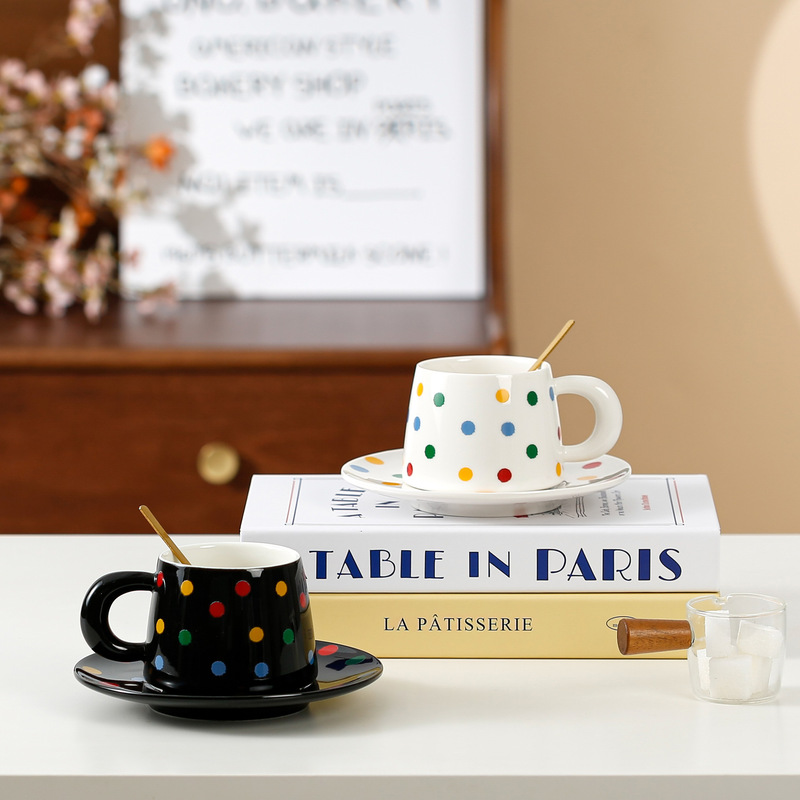 Nordic Style Wave Point Coffee Cup with Spoon Cup Saucer High Color Value Creative Ceramic Cup Office Water Cup Girl's Accompanying Ceremony
