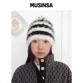 FUNFROMFUN 毛绒针织帽，黑色+象牙白 MUSINSA韩国官网直邮进口