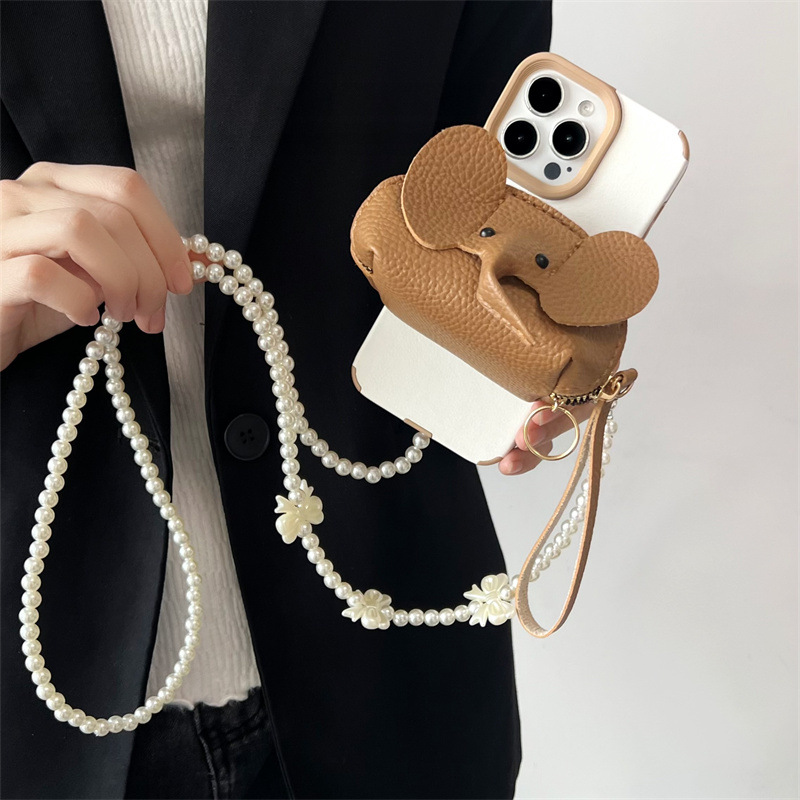 Cute elephant coin purse leather mobile phone back clip halter