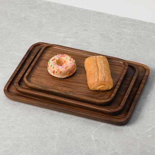 Wholesale logo Japanese style whole wood dessert plate black walnut plate sushi plate round mini fruit plate rectangular