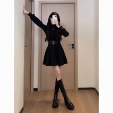 赫本风纯色连衣裙女秋冬新款温柔长袖打底裙半高领收腰显瘦小黑裙