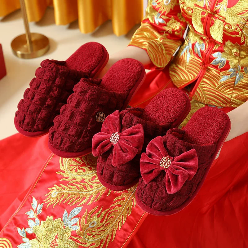 Festive red winter slippers for bride, for beloved