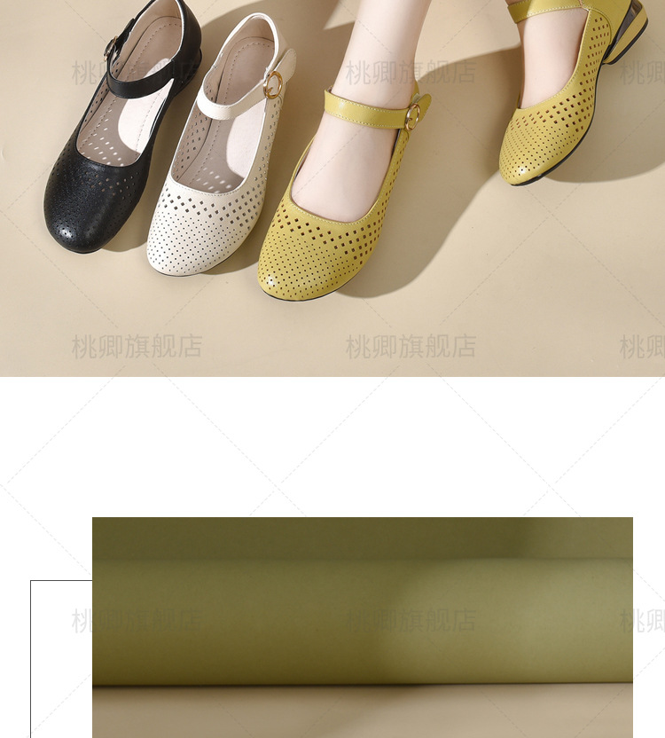 Giày sandal nữ đế xuồng mùa hè da thật thoáng khí mũi tròn bít mũi khoét lỗ — Màu đen chi tiết 17