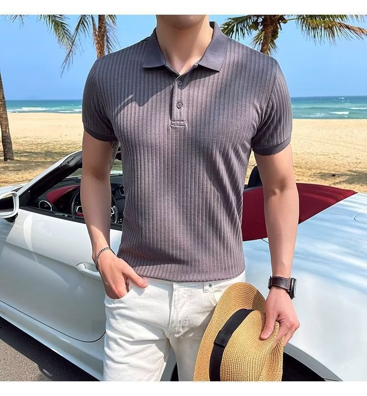Camicia in polp intrecciato a righe estive 2023 T-shirt in seta di ghiaccio Versatile tinta unita comoda manica corta - stampabile Tiktok_voghion.com