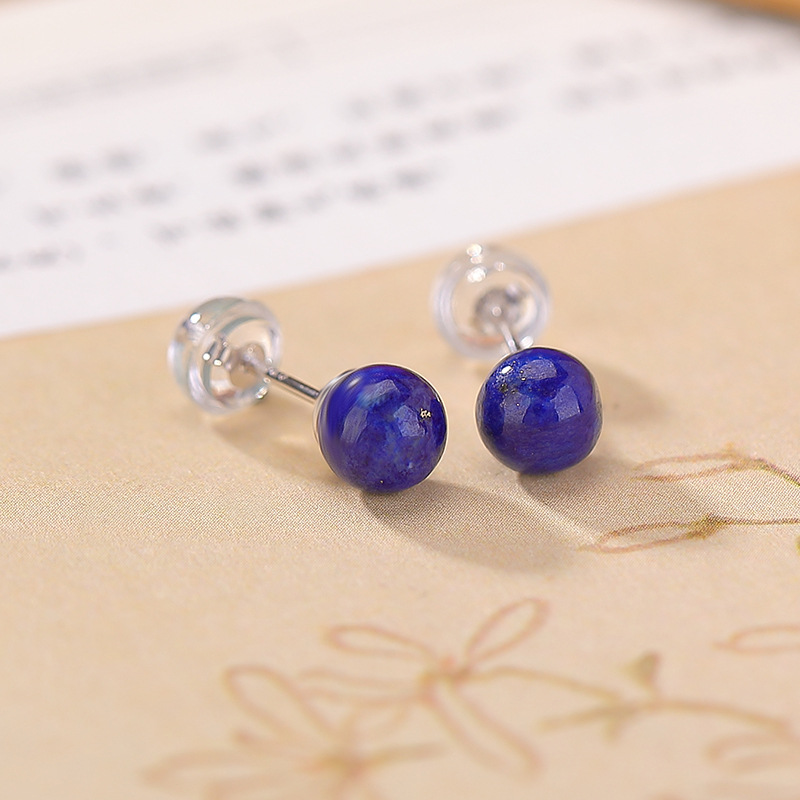 Khuyên tai nữ bạc S925 đính hạt lapis lazuli tròn phong cách tối giản — Một đôi