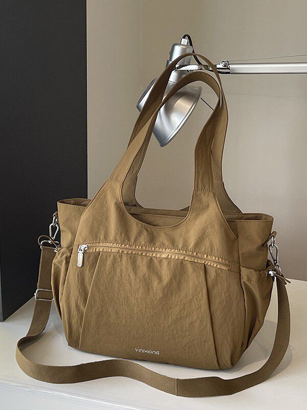 Túi tote nữ cỡ lớn chất liệu nylon nhẹ, túi đeo vai và đeo chéo tiện lợi — Khói tím, Quân đội xanh, màu be, màu nâu