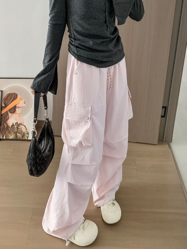 美式降落伞工装裤女秋季复古宽松高腰垂感显瘦钉扣两穿阔腿运动裤|undefined