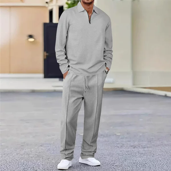 Spring and Autumn Cross-border Men's Solid Color Waffles Lar Zipper Long Sleeve Trousers Casual suit European Size