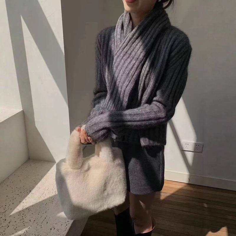 新款冬季韩版时尚马海毛羊毛V领宽松坑条开衫保暖毛衣（配围巾）|undefined