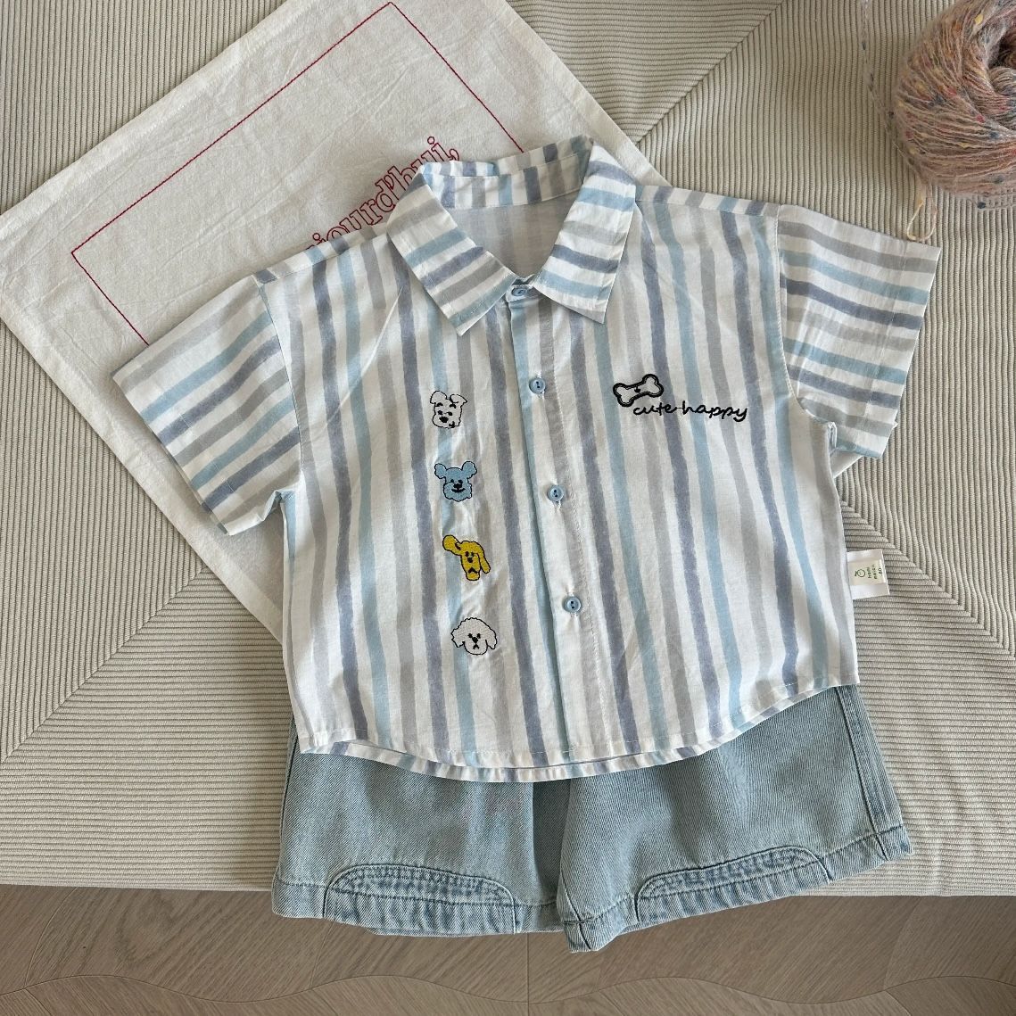 Cross-border children's cartoon striped summer new style shirt for boys, handsome and popular shirt, baby's Mori style, versatile.