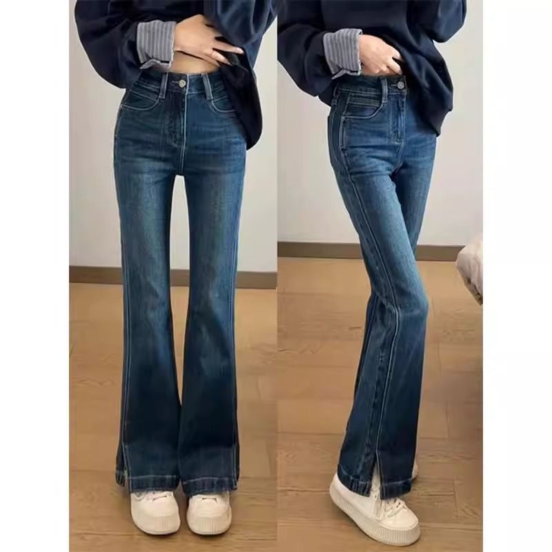 大码胖mm高腰显瘦修身微喇叭牛仔裤女2025夏季开叉长裤拖地马蹄裤|undefined