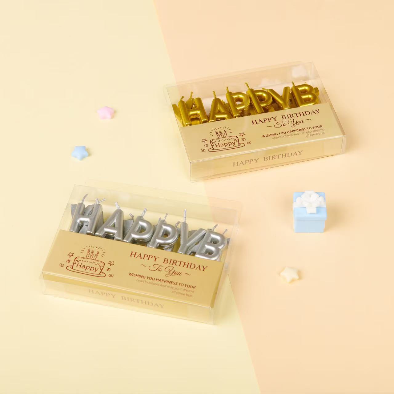 Fröhliche englische Buchstaben-Dekoration Kerzen Gold Silber Party Geburtstagstorte Ideen_voghion.com
