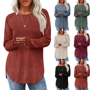 Amazon Europe and the United States foreign trade cross-border women's clothing 2024 autumn new loose round neck high and low curved hem top women