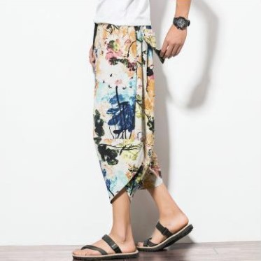 Venta al por mayor de fábrica pantalones de cáñamo de verano pantalones cortos para hombres pies sueltos pantalones de zanahoria pantalones harem de lino de algodón pantalones de flores de estilo étnico