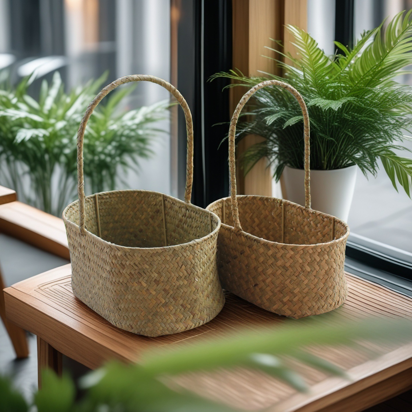 Cesta de flores de ratán de almacenamiento tejido de paja