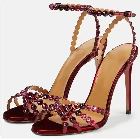 Summer Metal Pu Round Toe Stiletto Heel Rhinestone Strap Buckle Open Toe Large Size Women's Party Sandals