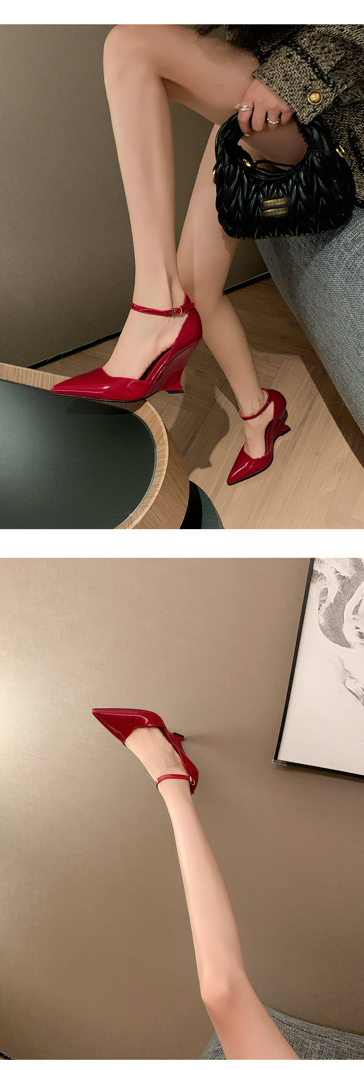 Giày sandal cao gót nữ mũi nhọn quai ngang chất liệu da bò sơn cao cấp, gót xuồng 9 cm — màu đen, màu trắng, màu mơ, màu đỏ chi tiết 11