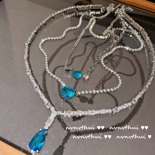Brilliant luminous aquamarine water drop gemstone necklace 18K gold plated snowflake micro-paved zirconium bamboo star river necklace love