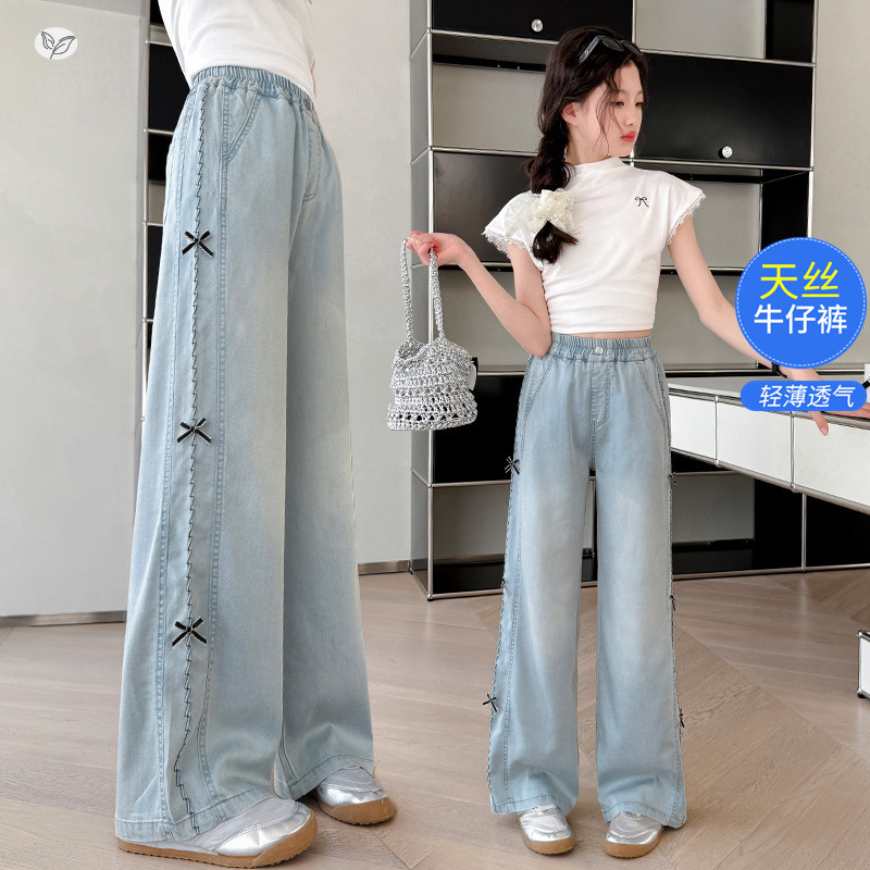 Girls' Summer Thin Pants 2025 New Korean Style Bow Tencel Wide-Leg Pants for Older Children with Drape Straight Pants