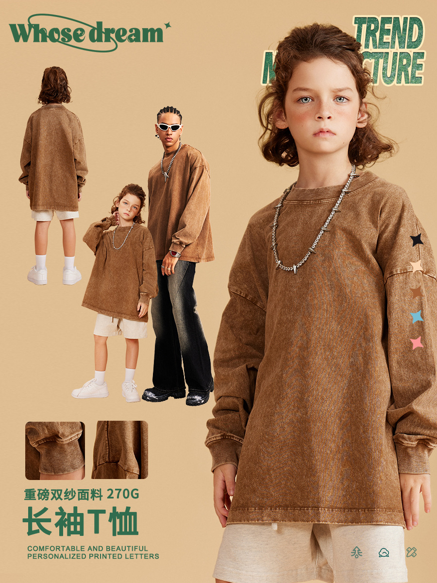 WD moda marca ropa para padres e hijos | Color sólido pesado Algodón puro americano casual lavado angustiado manga larga Camiseta niños adultos primavera y otoño