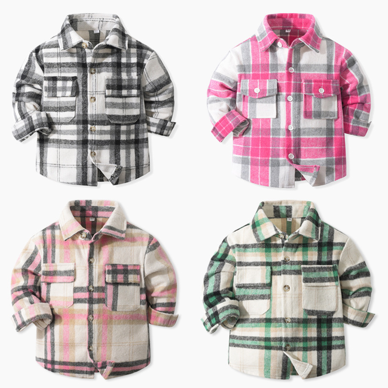 Children's Brushed Small Outwear Autumn and Winter New European and American Style Long-Sleeved Plaid Suede Single-Breasted Shirt for Kidsren and Middle-Aged Kidsren