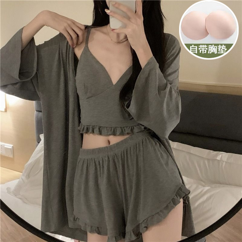 Pajamas Three-piece Set Spring and Summer Women's Sling Pure Desire Long-sleeved Shorts Imitation Cotton Outgoing Home Clothes with Chest Pad