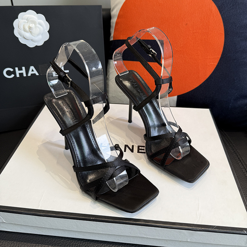In-Stock Women's Sandals 2026 Summer New Style Single Strap Buckle Square Toe Open-Toe Thin Strap Sexy Black Elegant High Heels