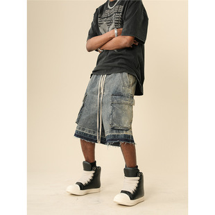 2024 New Summer American Style High Street Straight Tube Washing Destruction Tooling Denim Shorts Men's Trendy Brand Loose Pants