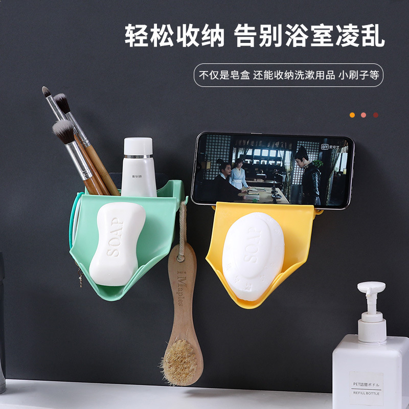 Caja de jabón con soporte para teléfono móvil rack de drenaje caja de jabón de almacenamiento rack de drenaje sin costuras pegatina gancho caja de jabón