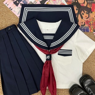Original jk uniform basic improved blue collar white three sailor suit short sleeve college style Japanese school uniform for women