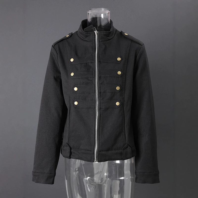 Retro court-style short jacket with stand-up collar for women, American military style, buttoned and zippered, stylish and versatile street top Retro court-style short jacket with stand-up collar for women, American military style, buttoned and zippered, stylish and versatile street top