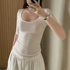槻一酸素感大U襟丸襟tシャツ夏の新型天糸ウール混紡快適中袖上着女性潮