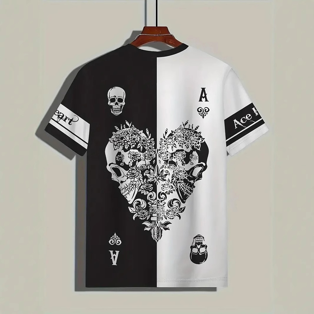 Retro color de contraste en forma de corazón esqueleto 3D impresión digital para hombre verano suelto y transpirable manga corta camiseta de cuello redondo