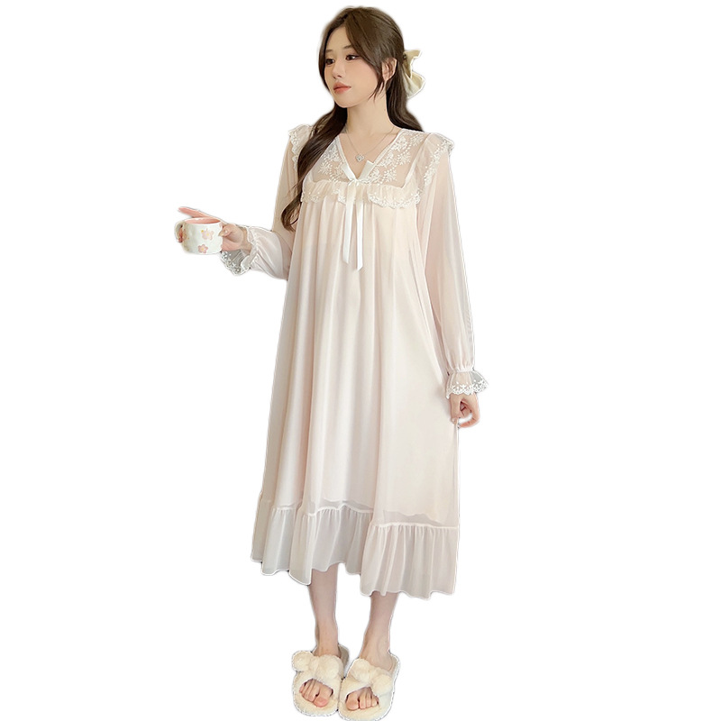 Ropa de casa de otoño con cojín de pecho de malla de cuello V princesa pijama fresco vestido de estudiante pijama de mangas largas dulce