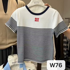 年轻时尚字母刺绣条纹短袖针织正肩上衣女装外贸跨境毛织衫工厂
