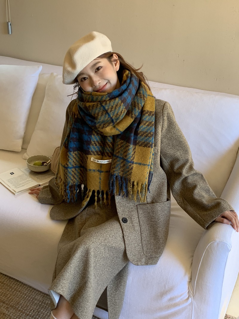 Women's Cashmere Scarf In Retro Blue Thousand Bird Grid Pattern_voghion.com